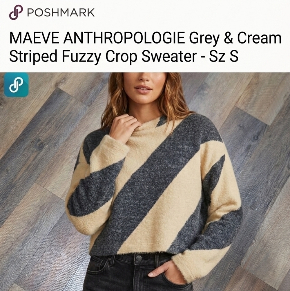 Maeve Anthropologie Striped Fuzzy Crop Sweater Grey Cream EUC Small